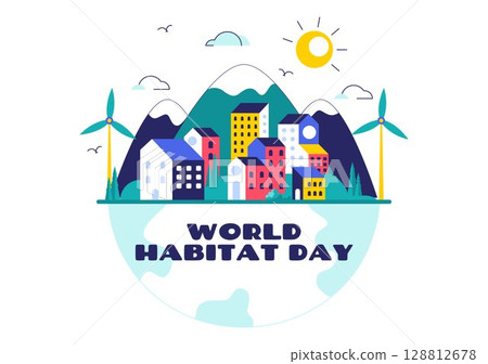 World Habitat Day Vector Illustration Featuring a Clean City, Natural Trees, and Urban Areas Representing Adequate Housing in a Flat Background 128812678