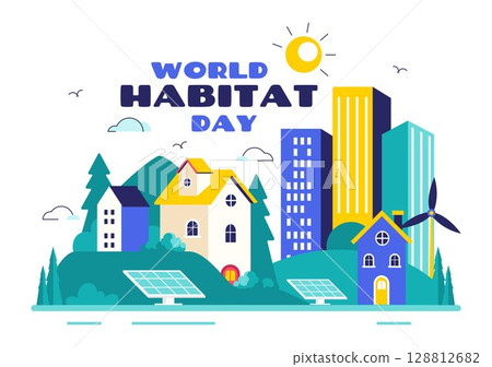 World Habitat Day Vector Illustration Featuring a Clean City, Natural Trees, and Urban Areas Representing Adequate Housing in a Flat Background 128812682