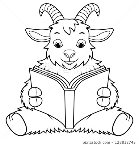 Cartoon sheep reading a book line art Cartoon sheep reading a book line art 128812742