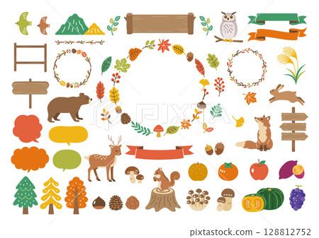 Set of illustration materials of autumn leaves and animals 128812752