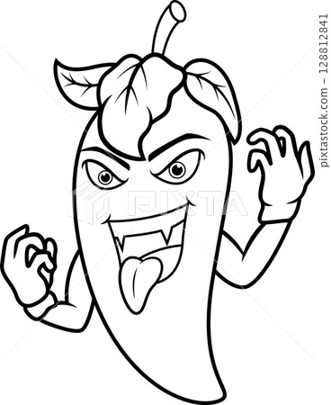 Cartoon angry chili pepper with tongue out line art 128812841