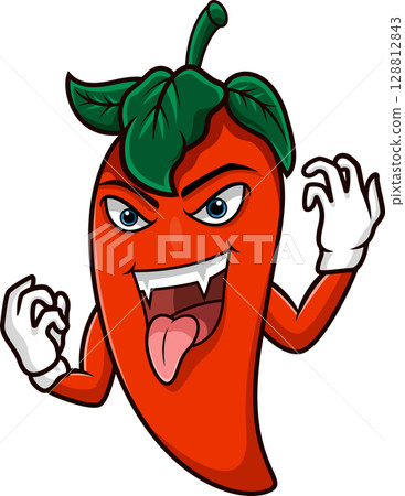 Cartoon angry chili pepper with tongue out on white background 128812843