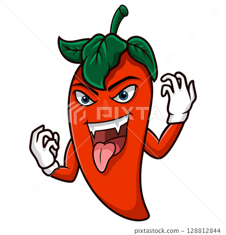 Cartoon angry chili pepper with tongue out on white background 128812844