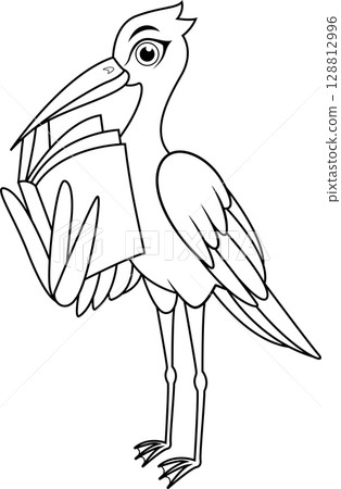 Cartoon white stork reading book line art 128812996