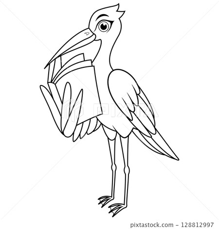 Cartoon white stork reading book line art 128812997