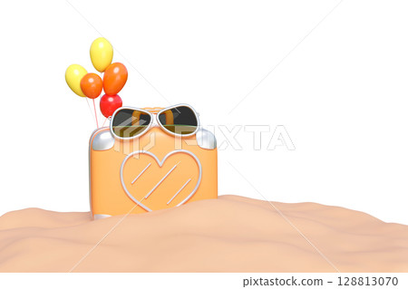 A 3D render of an orange suitcase with sunglasses and colorful balloons half-buried in sand isolated. Represents travel, vacation, summer holidays, and beach trips. Minimalist and cheerful. 128813070