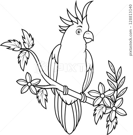 Cartoon cockatoo bird sitting on a tree branch line art 128813140
