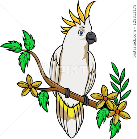 Cartoon cockatoo bird sitting on a tree branch 128813178