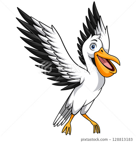 Cartoon happy pelican bird flying 128813183