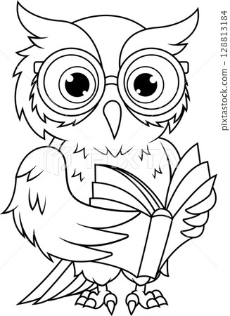 Cartoon owl bird wearing glasses reading a book line art 128813184