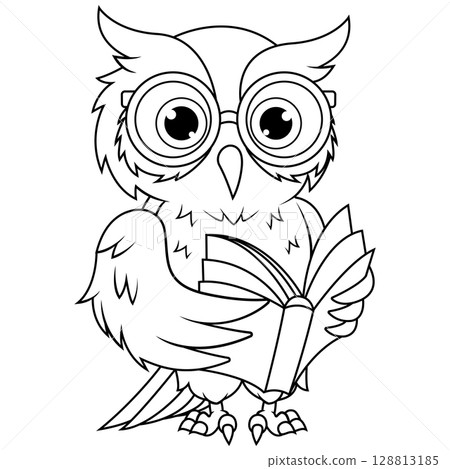 Cartoon owl bird wearing glasses reading a book line art 128813185