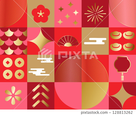 Modern geometric red and gold Chinese new year background texture 128813262