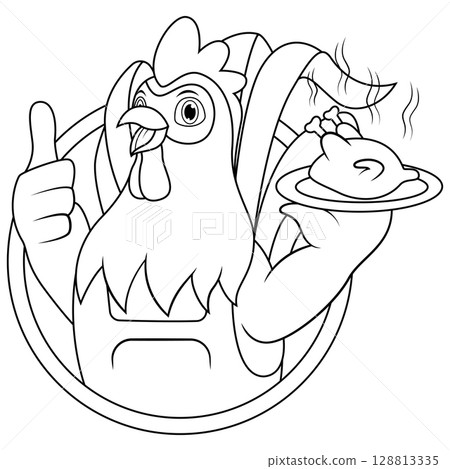 Cartoon chicken chef carrying grilled chicken line art Cartoon chicken chef carrying grilled chicken line art 128813335