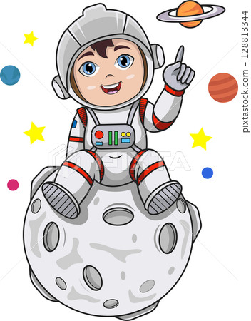 Cartoon young astronaut sitting on the moon 128813344