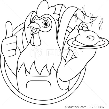 Cartoon chicken chef carrying grilled chicken line art 128813370