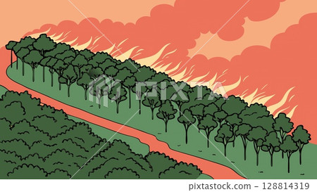 Forest Fire Illustration.Nature in Peril.Stylized depiction of a raging forest fire, smoke filled skies over green trees. Environmental disaster, climate change, deforestation. 128814319
