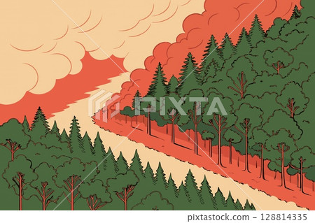 Forest Fire Illustration.Nature in Peril.Stylized depiction of a raging forest fire, smoke filled skies over green trees. Environmental disaster, climate change, deforestation. 128814335