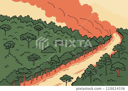 Forest Fire Illustration.Nature in Peril.Stylized depiction of a raging forest fire, smoke filled skies over green trees. Environmental disaster, climate change, deforestation. 128814336