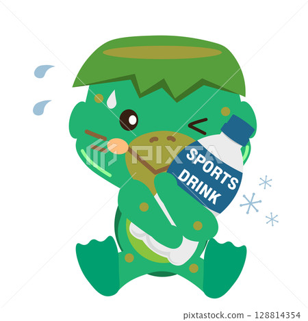 Illustration of a sweaty kappa cooling down with a sports drink 128814354