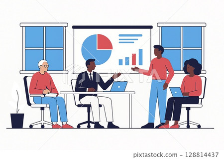 Multicultural team discusses growth and pie chart data in business strategy meeting. Ideal for teamwork, analytics, and modern corporate settings. 128814437