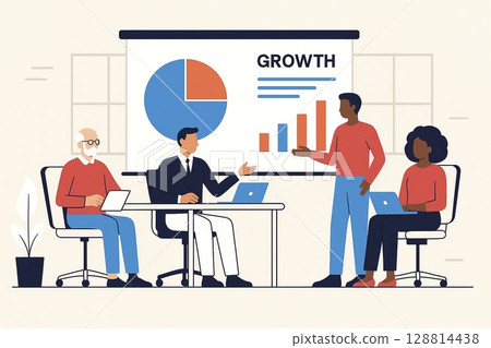 Multicultural team discusses growth and pie chart data in business strategy meeting. Ideal for teamwork, analytics, and modern corporate settings. 128814438
