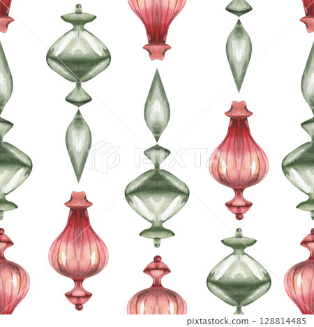 Red and green Christmas tree vintage glass balls watercolor seamless pattern. Hand drawn New year festive decoration background,winter seasonal decoration clipart for wallpaper, textile,fabric design Red and green Christmas tree vintage glass balls watercolor seamless pattern. Hand drawn New year festive decoration background,winter seasonal decoration clipart for wallpaper, textile,fabric design 128814485