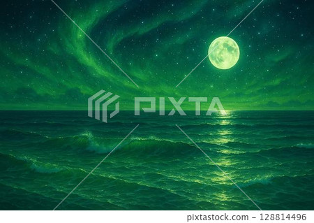 Landscape painting of the sea surface reflected in the water, a full moon and a starry sky Landscape painting of the sea surface reflected in the water, a full moon and a starry sky 128814496