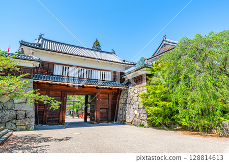 Ueda City, Nagano Prefecture: Ueda Castle East Gate Tower Gate on a clear day Ueda City, Nagano Prefecture: Ueda Castle East Gate Tower Gate on a clear day 128814613