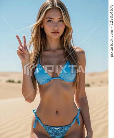 Young European woman in light blue bikini standing on sand dune making a peace sign 128814670