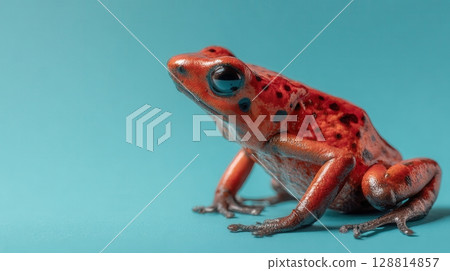 Vibrant red poison dart frog on a cool blue background, striking color contrast. 128814857