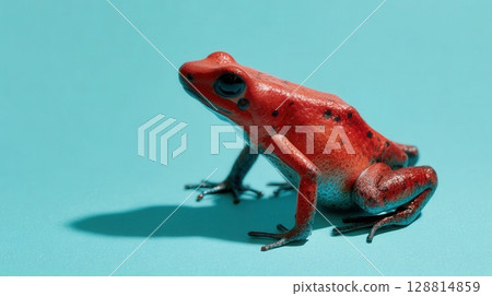 Vibrant red poison dart frog on a cool blue background, striking color contrast. 128814859
