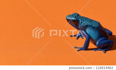 Striking blue poison dart frog on a vivid orange background, bold color contrast. 128814862