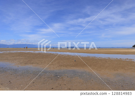 View of Ibukijima, an island of dried sardines floating in the Hiuchi Nada Sea, from Chichigahama Beach in midsummer 128814983
