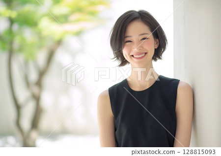 "AI-generated image" of a smiling woman with short hair "AI-generated image" of a smiling woman with short hair 128815093