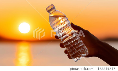 Hand holding water bottle against vibrant sunset sky with orange glow 128815217