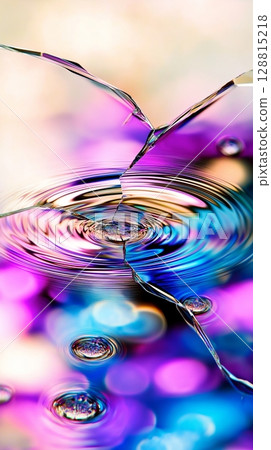 Vibrant abstract reflection with colorful ripples and cracked surface 128815218