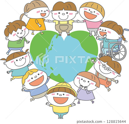 Diverse children surrounding a heart-shaped globe | SDGs, coexistence, and the future 128815644
