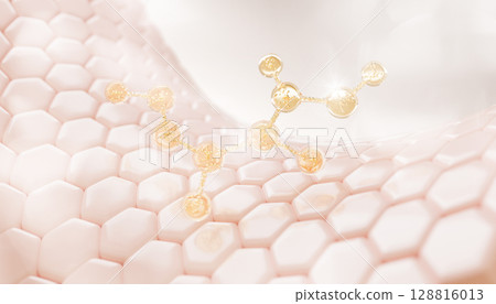 Pink skin cells with hexagon pattern and molecules. Epidermis layer with gold oil drops, liquid serum, retinol bubbles, elastin collagen moisture cream. Cosmetic skincare background. 3D illustration Pink skin cells with hexagon pattern and molecules. Epidermis layer with gold oil drops, liquid serum, retinol bubbles, elastin collagen moisture cream. Cosmetic skincare background. 3D illustration 128816013
