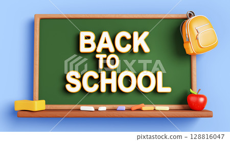 Classroom wall with inscription Back to school on chalkboard. Cartoon 3d render of green blackboard with chalk and apple on shelf, yellow backpack hanging on board. Education concept. 3D illustration 128816047