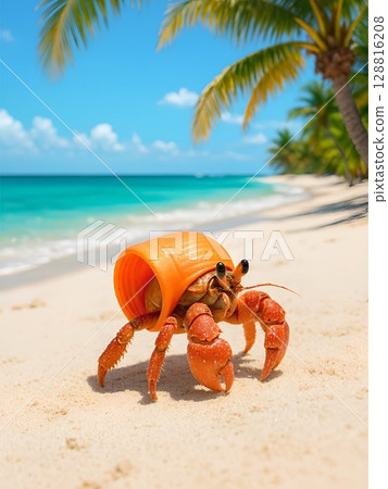 Hermit crab walking around in a plastic shell Hermit crab walking around in a plastic shell 128816208