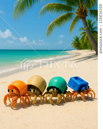 身披彩色人造殼的寄居蟹 身披彩色人造殼的寄居蟹 128816209