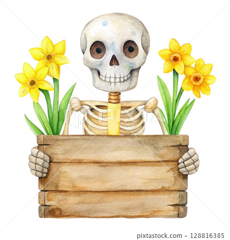 A cute skeleton holding a blank wooden sign 128816385