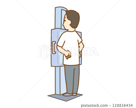 男子接受 X 光檢查,擔心病情 男子接受 X 光檢查,擔心病情 128816434