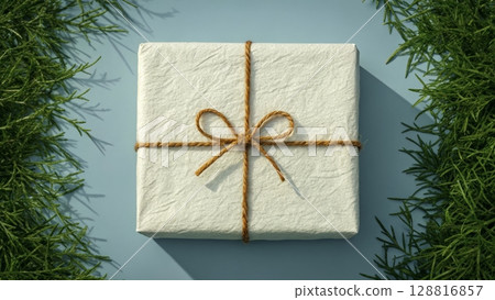 Wrapped gift box with twine displayed on a blue background surrounded by greenery during daylight hours 128816857