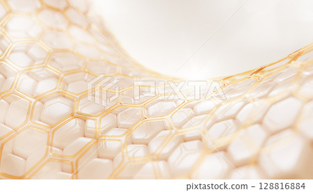 Epidermis skin layer with gold liquid hexagon oil pattern. Cosmetic skincare background with honeycomb geometric cell texture. Serum, retinol vitamin, elastin collagen moisture cream. 3D illustration 128816884