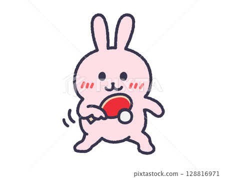 Illustration of a rabbit hitting a backhand in table tennis (line drawing, color) 128816971