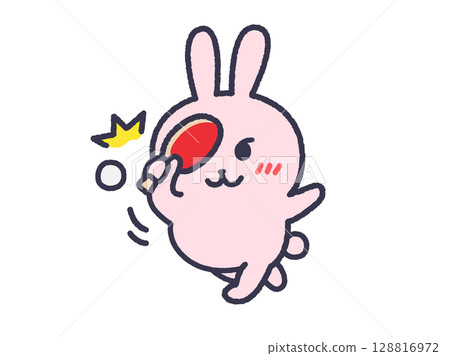 Illustration of a rabbit hitting a table tennis smash (line drawing in color) 128816972