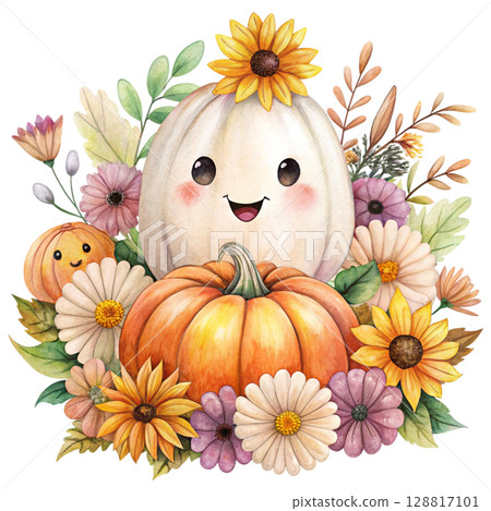 Cute kawaii ghost hugging a smiling jack lantern pumpkin 128817101