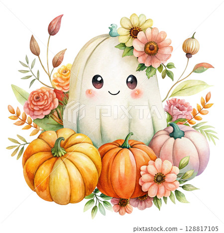 Cute kawaii ghost hugging a smiling jack lantern pumpkin 128817105