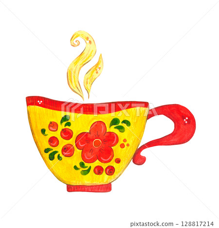 Mug with traditional Khokhloma pattern. Bright watercolor illustration, hand-drawn, cartoonish. Drawing for stickers, scrapbooking. Maslenitsa, tea party, dishes, ornament, traditions, folk Mug with traditional Khokhloma pattern. Bright watercolor illustration, hand-drawn, cartoonish. Drawing for stickers, scrapbooking. Maslenitsa, tea party, dishes, ornament, traditions, folk 128817214